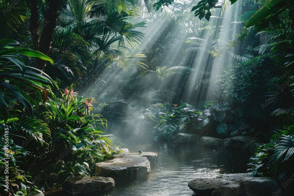 A lush green jungle with a stream running through it. The sunlight is shining through the trees, creating a peaceful and serene atmosphere A lush green jungle with a stream running through it. The sunlight is shining through the trees, creating a peaceful and serene atmosphere