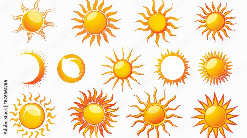 A diverse set of vibrant sun icons, each with unique and varied designs, showcasing different sun shapes and artistic styles ideal for creating cheerful and warm graphic projects. A diverse set of vibrant sun icons, each with unique and varied designs, showcasing different sun shapes and artistic styles ideal for creating cheerful and warm graphic projects.