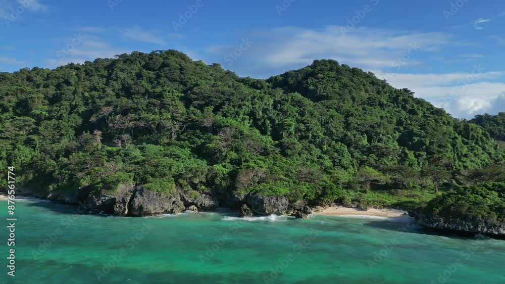 Aerial view of a beautiful quiet tropical sandy beach, Puka Shell Beach, Boracay island, Philippines, 4k Aerial view of a beautiful quiet tropical sandy beach, Puka Shell Beach, Boracay island, Philippines, 4k