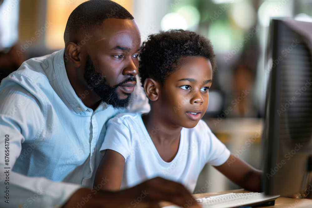 Father and son using a computer for educational development and digital schoolwork support Father and son using a computer for educational development and digital schoolwork support
