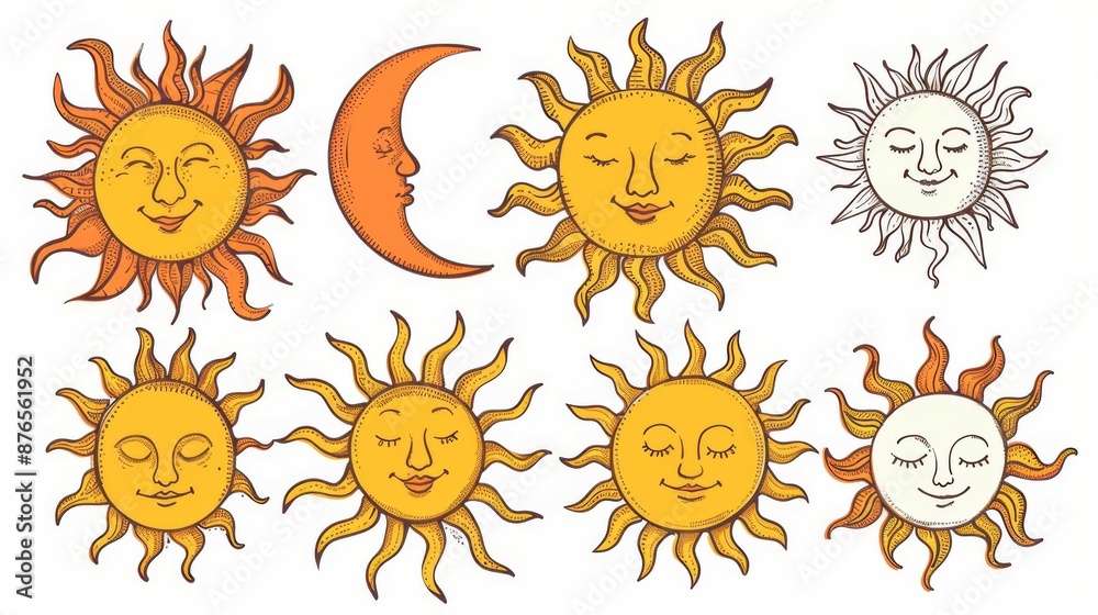 Illustration features a central sun with a face and various other suns with different expressions and shapes surrounding it, showcasing diverse artistic styles. Illustration features a central sun with a face and various other suns with different expressions and shapes surrounding it, showcasing diverse artistic styles.