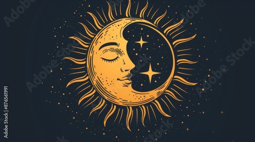 This image depicts a celestial design of a half sun and half moon face, combined with stars scattered on a dark background, representing day and night balance.