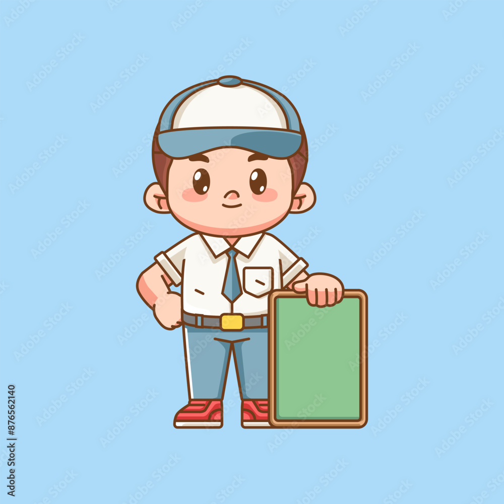 Cute boy Indonesian senior high school hold green board kawaii chibi character mascot illustration Cute boy Indonesian senior high school hold green board kawaii chibi character mascot illustration