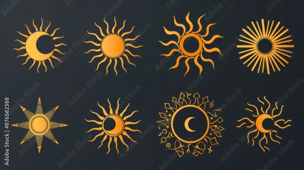This collection presents different sun and moon icons with artistic, swirling, and geometric designs, ideal for adding a creative touch to any project. This collection presents different sun and moon icons with artistic, swirling, and geometric designs, ideal for adding a creative touch to any project.