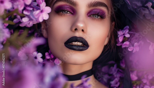  A woman surrounded by purple flowers, wearing black lipstick and purple eyeshadow, gazing directly at the camera. © Steven
