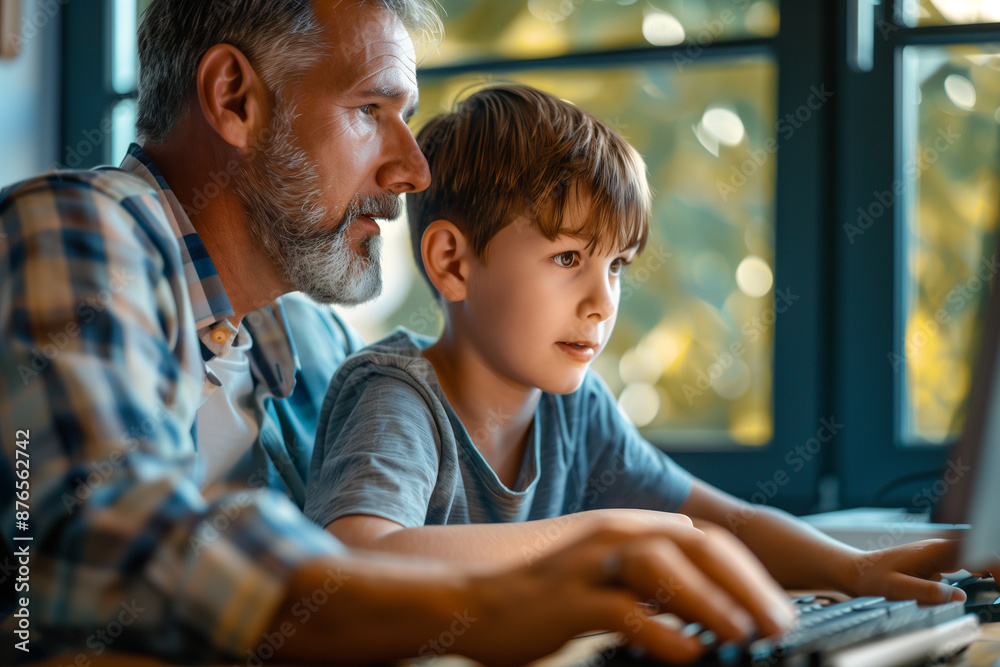 Father and son using a computer in a shared learning environment for schoolwork and digital tasks Father and son using a computer in a shared learning environment for schoolwork and digital tasks