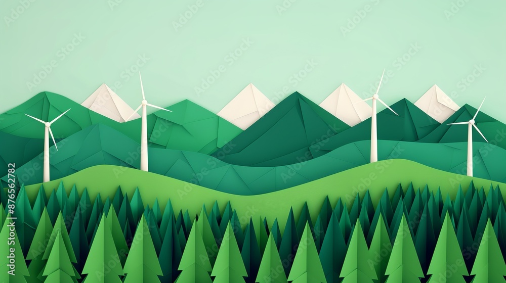 Obraz premium Climate mitigation strategies shown by reducing greenhouse gas emissions through renewable energy and reforestation emphasizing efforts to combat climate change Background Illustration, Bright color