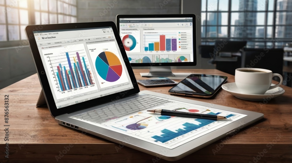 Modern mobile office setup for finance, featuring a laptop, bar charts, pie diagrams, pen, and smartphone on a white background Modern mobile office setup for finance, featuring a laptop, bar charts, pie diagrams, pen, and smartphone on a white background