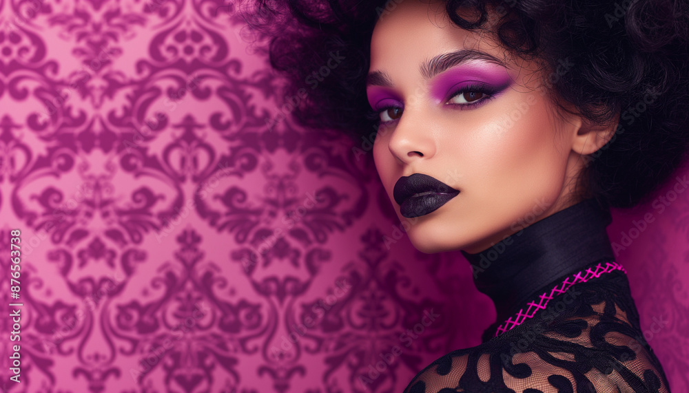 Portrait of a woman with curly hair, purple eyeshadow, and black lipstick, set against a purple patterned background. Portrait of a woman with curly hair, purple eyeshadow, and black lipstick, set against a purple patterned background.