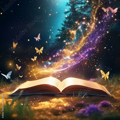 Whimsical magical fantasy dust and sparkles coming from an open book