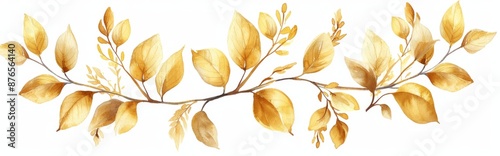 Antique watercolor set of branches with gold leaves on a white background