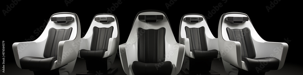 Obraz premium Futuristic white and black chairs in a row, a minimalist design with a sleek and modern aesthetic, evoking a sense of luxury and innovation. 