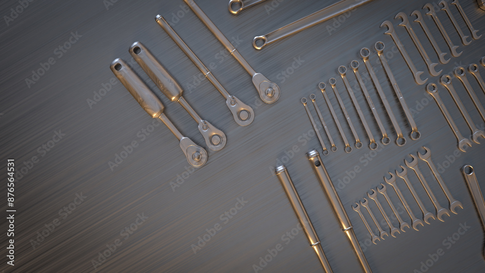 The garage tool on steel table for workshop or fix content 3d rendering. The garage tool on steel table for workshop or fix content 3d rendering.