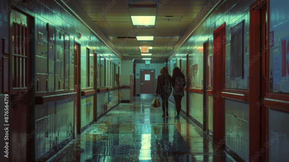 A school hallway with two students walking side by side and open classroom doors, evoking feelings of learning, companionship, and the passing time within an academic environment. A school hallway with two students walking side by side and open classroom doors, evoking feelings of learning, companionship, and the passing time within an academic environment.