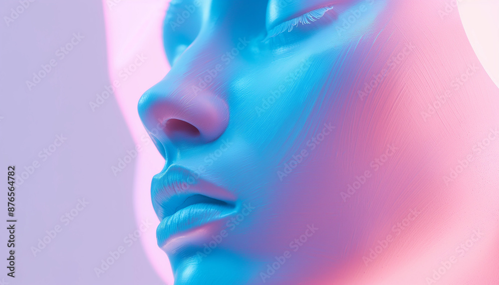 Close-up of a woman’s face in vibrant blue and pink neon lights, showcasing a serene and futuristic expression. Close-up of a woman’s face in vibrant blue and pink neon lights, showcasing a serene and futuristic expression.