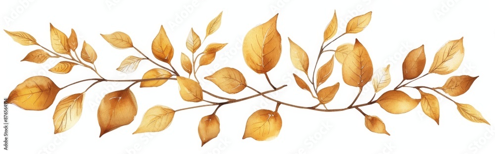 Antique watercolor set of branches with gold leaves on a white background