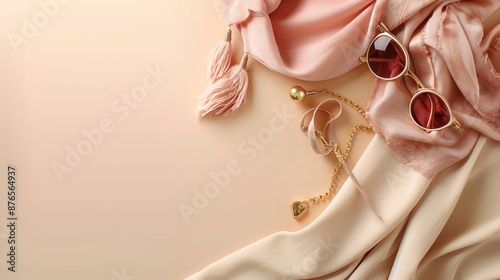 Stylish women accessories and luxury clothes flat layout on beige pastel background