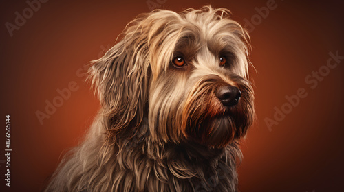 A brown and grey shaggy dog with orange eyes, looking directly at the camera, a portrait for pet lovers and animal lovers. 
