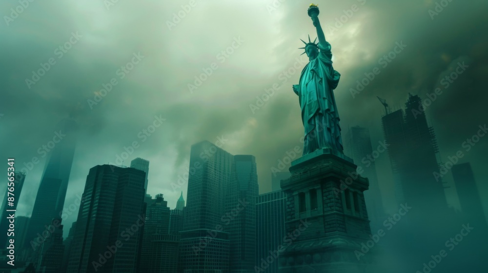 On a foggy day, the Statue of Liberty stands prominently in the foreground, with the misty skyline of New York adding a mysterious and surreal touch to the scene. On a foggy day, the Statue of Liberty stands prominently in the foreground, with the misty skyline of New York adding a mysterious and surreal touch to the scene.