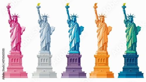A lineup of five Statues of Liberty in varying vibrant colors, representing diversity and artistic interpretation of an iconic American monument in a modern style.