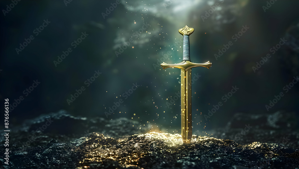 Naklejka premium A mystical sword glowing with golden light, embedded in the ground, surrounded by sparkles in a dark, mysterious setting.