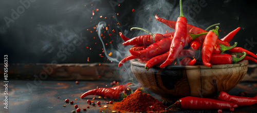 Bowl of fresh red chili peppers with spicy flakes and powder on dark background. Perfect for cooking, cuisine, and food concept imagery.