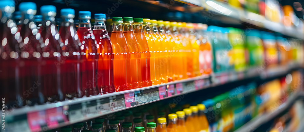 Colorful plastic bottles filled with various beverages on a supermarket shelf. Perfect backdrop for marketing, retail, or packaging concepts. Colorful plastic bottles filled with various beverages on a supermarket shelf. Perfect backdrop for marketing, retail, or packaging concepts.