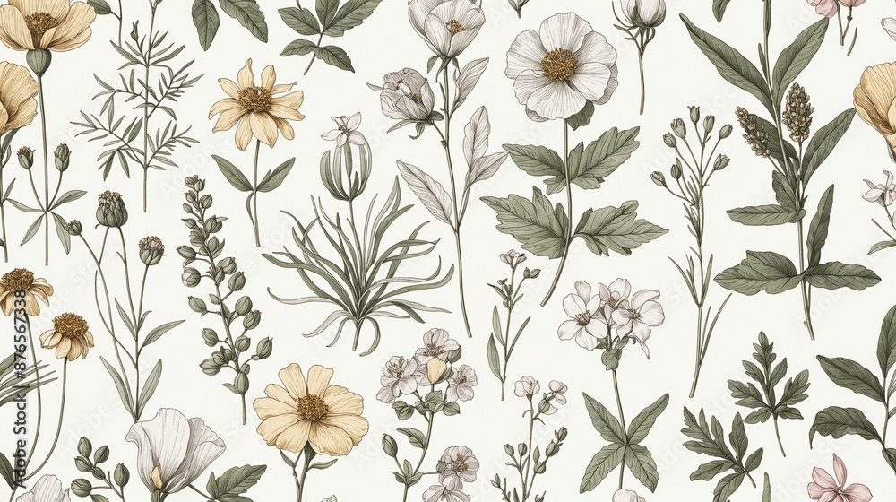 Seamless pattern background featuring detailed botanical illustrations of various plants and flowers - vintage floral design, perfect for textiles and wallpapers Seamless pattern background featuring detailed botanical illustrations of various plants and flowers - vintage floral design, perfect for textiles and wallpapers