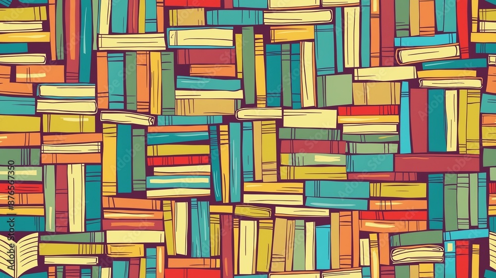 Colorful seamless pattern background with a variety of books in different orientations - vibrant library themed design, perfect for educational and literary projects Colorful seamless pattern background with a variety of books in different orientations - vibrant library themed design, perfect for educational and literary projects