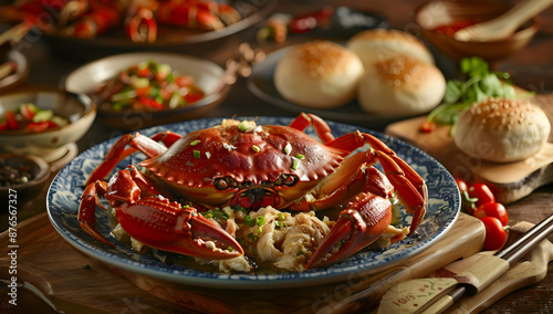 Deliciously prepared crab dish served on a blue plate with buns and vegetable garnish in the background, perfect for seafood lovers.