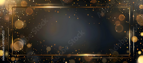 Elegant dark background with golden bokeh and frame, perfect for luxury designs, invitations, or festive events. photo