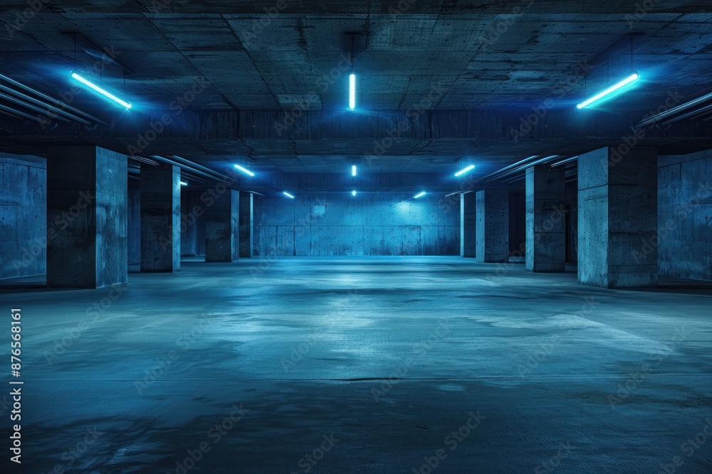 Fototapeta premium Empty Underground Parking Garage with Blue Neon Lights