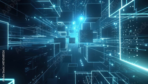 Abstract Digital Network with Glowing Lines and Cubes