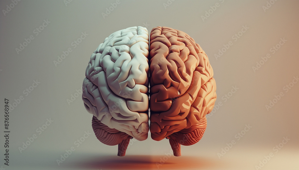 Human brain model split in half with one side white and the other brown against a gradient background.