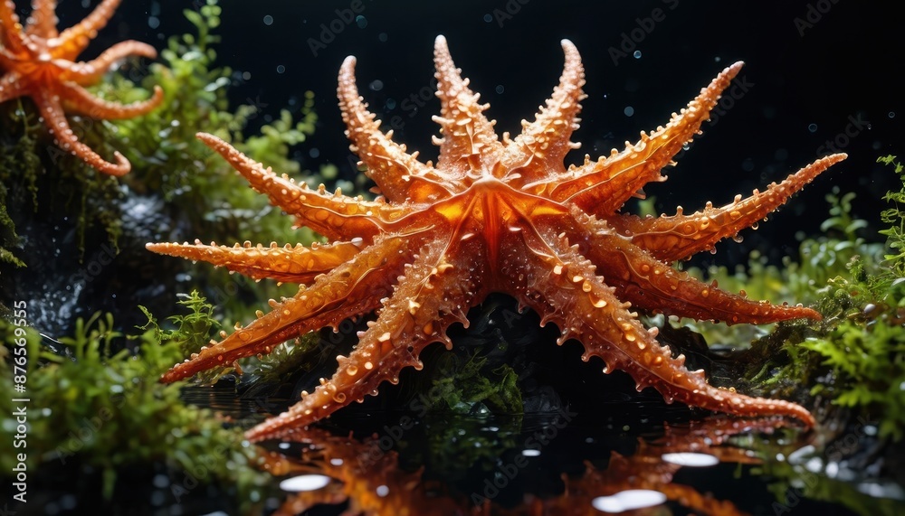 Orange Starfish in Mossy Water. Orange Starfish in Mossy Water.