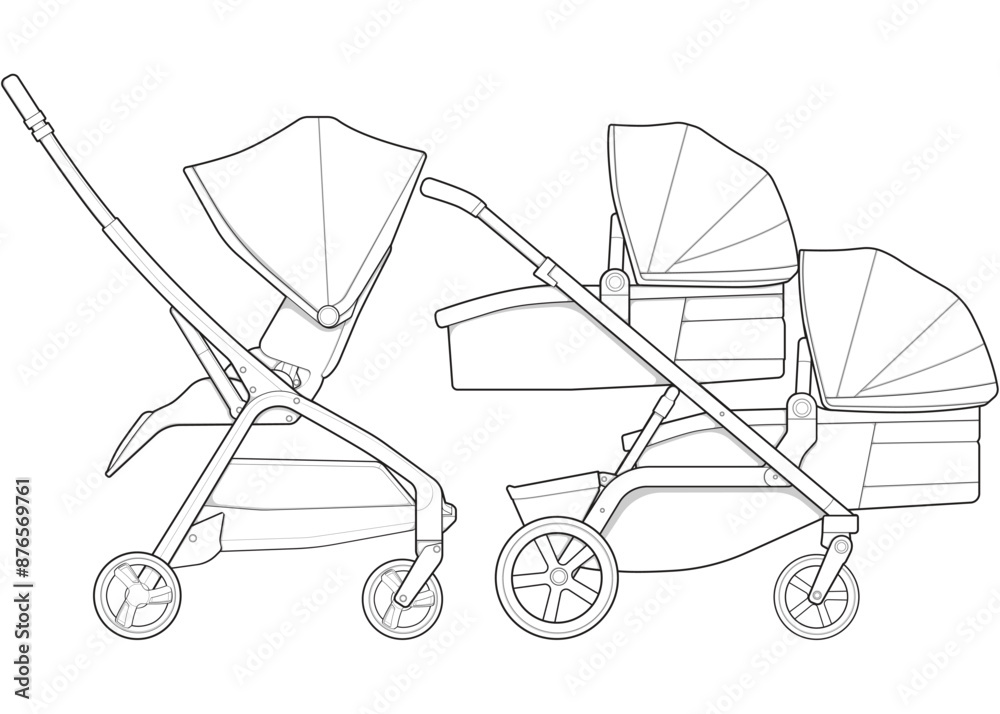 Illustration of baby stroller isolated on white background. Vector illustration of a sketch style. Illustration of baby stroller isolated on white background. Vector illustration of a sketch style.