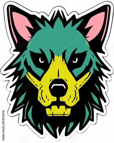 A colorful and stylized illustration of a wolf's head with vibrant colors and a bold design
