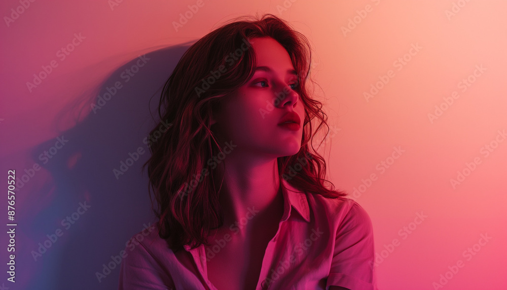Woman with soft red and blue lighting casting shadows, modern and expressive portrait perfect for artistic and creative projects, dramatic and striking visual contrast Woman with soft red and blue lighting casting shadows, modern and expressive portrait perfect for artistic and creative projects, dramatic and striking visual contrast