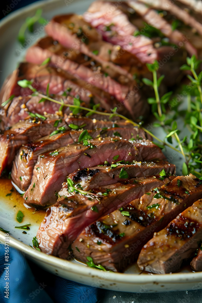 Juicy sliced steak garnished with fresh herbs, cooked to perfection, showcasing delicious culinary presentation on a white plate. Juicy sliced steak garnished with fresh herbs, cooked to perfection, showcasing delicious culinary presentation on a white plate.
