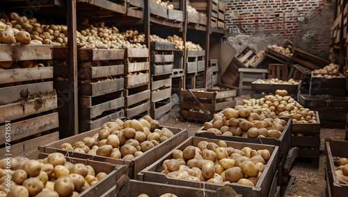 Rustic warehouse filled with wooden crates of freshly harvested potatoes in a cozy, farm-like setting.