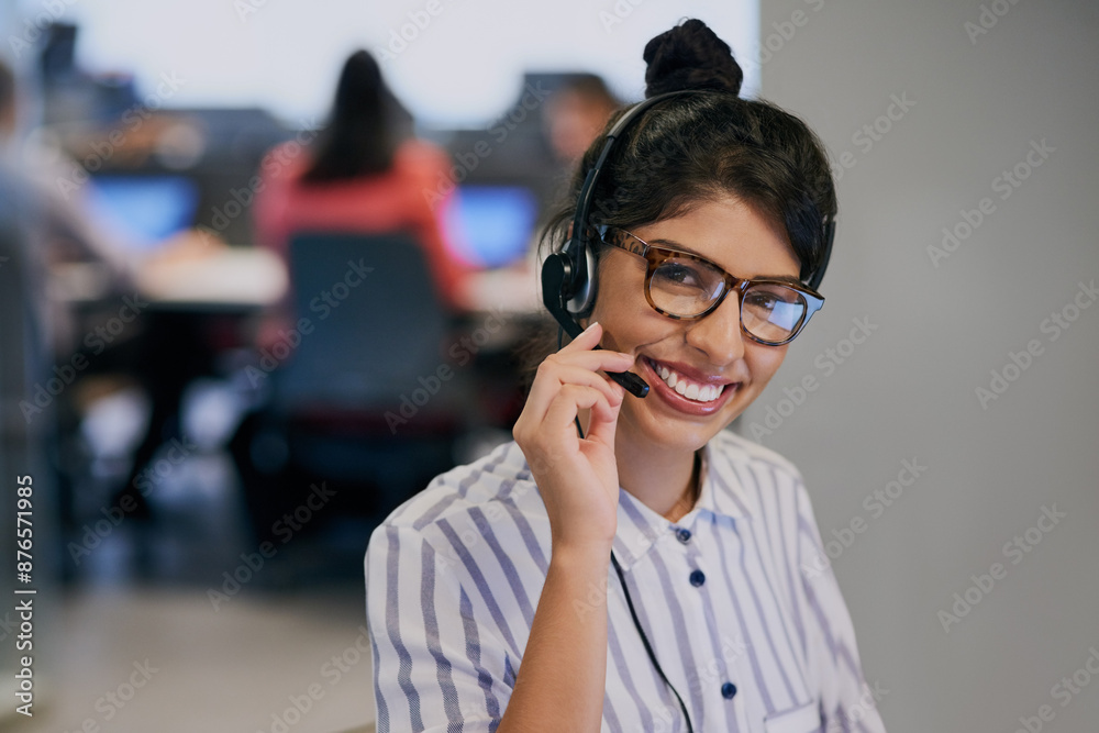 Happy, woman and consulting with portrait in call center for career in telemarketing, inbound and customer service. Girl, headset and advisor for multilingual technical support, translation and crm. Happy, woman and consulting with portrait in call center for career in telemarketing, inbound and customer service. Girl, headset and advisor for multilingual technical support, translation and crm.