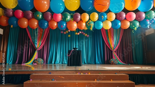 A photo of an empty graduation stage decorated with colorful balloons and streamers, with a single graduation hat left behind on the podium.