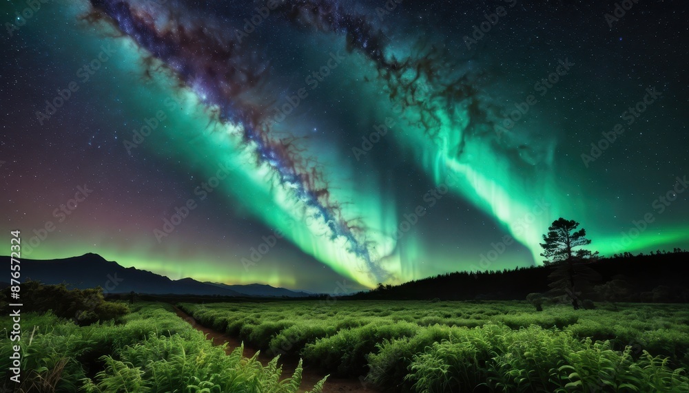 Milky Way Aurora Borealis Over Green Field. Milky Way Aurora Borealis Over Green Field.