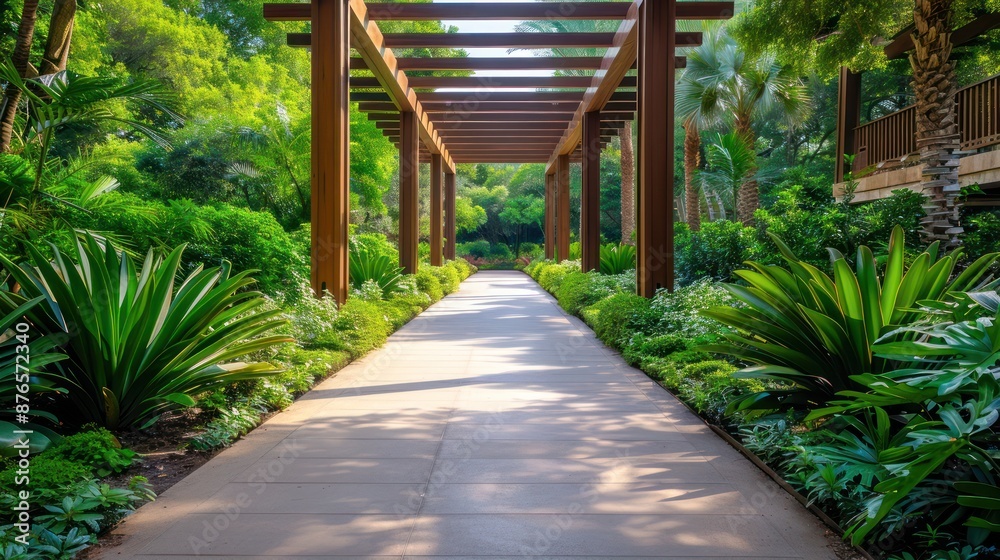 Serene Botanical Garden Path Framed by Lush Greenery and a Wooden Pergola, Tranquil Nature Walkway in a Botanical Paradise Serene Botanical Garden Path Framed by Lush Greenery and a Wooden Pergola, Tranquil Nature Walkway in a Botanical Paradise