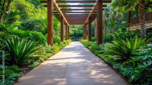 Serene Botanical Garden Path Framed by Lush Greenery and a Wooden Pergola, Tranquil Nature Walkway in a Botanical Paradise