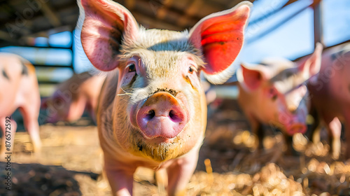 Close up portrait of a curious and adorable pig standing in a rustic farm setting with a muddy background  The pig s snout ears and eyes are visible showcasing the animal s endearing features