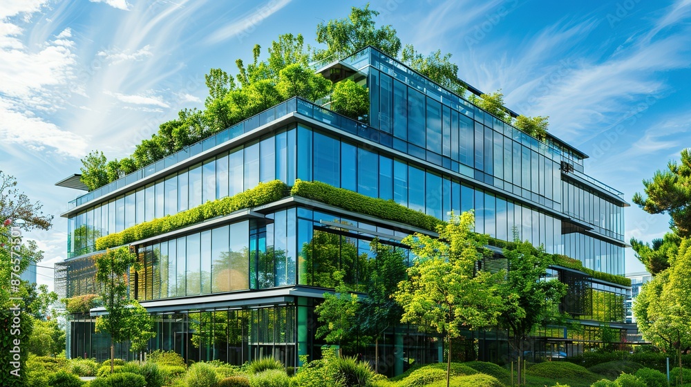 Lush greenery adorns the exterior of a modern glass office building. Lush greenery adorns the exterior of a modern glass office building.