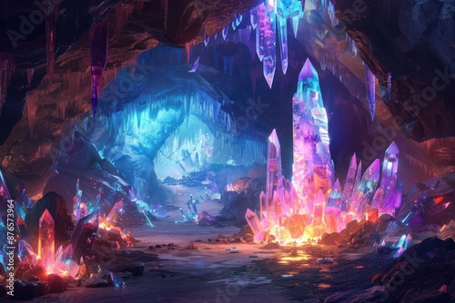 Crystal Cave with Glowing Gems and Icicles