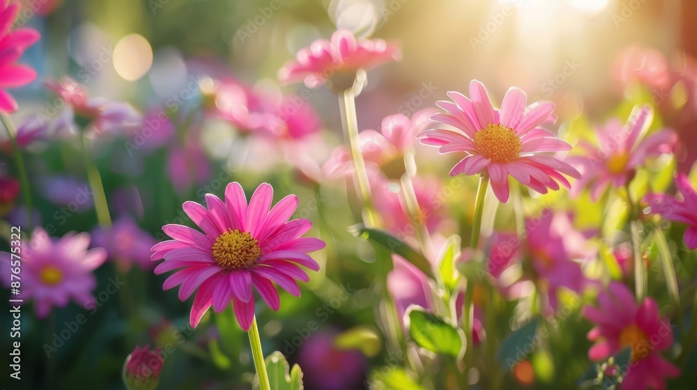 Obraz premium Beautiful pink flowers in full bloom basking in warm sunlight, creating a vibrant and serene natural scene perfect for spring and garden lovers.