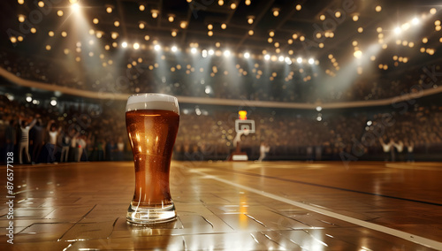 A cold glass of beer placed on a basketball court during a game with sparkling lights in the background, creating a festive atmosphere. photo